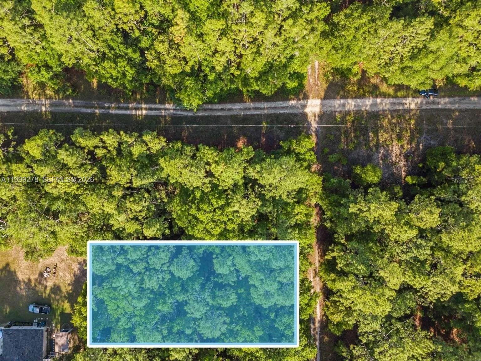An aerial view shows a rectangular plot of land highlighted in blue within a forest — 0 SW 9th Place, Ocala FL 34481, OCALA, FL