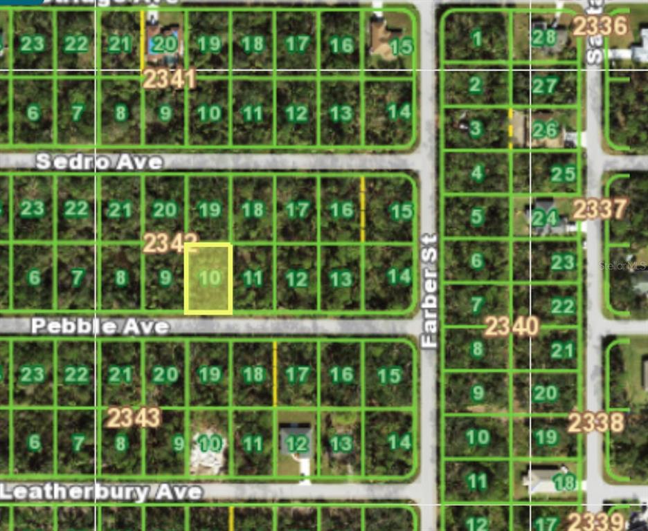 This is a map showing a highlighted vacant lot within a residential subdivision grid — 13382 PEBBLE AVENUE, PORT CHARLOTTE, FL