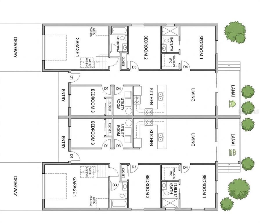 This floor plan shows a duplex layout with two mirrored units, each featuring three bedrooms — 9172 AGATE STREET, PORT CHARLOTTE, FL