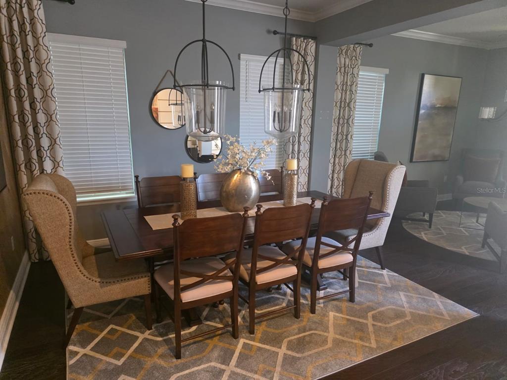 A dining room features a dark wood table, upholstered chairs, pendant lights, and a patterned rug — 9312 HOLLISTON CREEK PLACE, WINTER GARDEN, FL