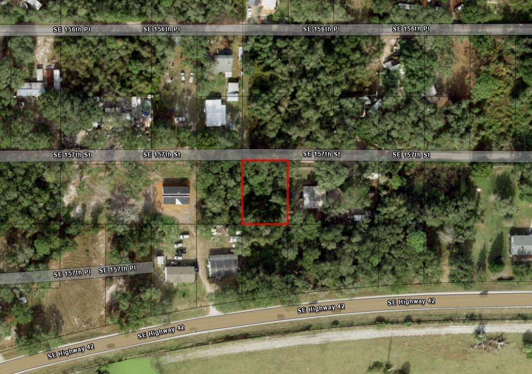 An aerial map view showing a rectangular lot outlined in red amidst wooded residential land — 0 SE 157th Street, FL 32784, FL
