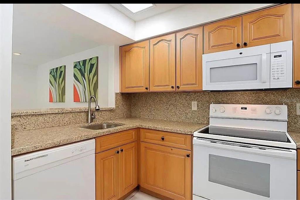 A kitchen features light wood cabinets, granite countertops, white appliances, and a pass-through window — 10131 LAKE OAK CIRCLE, TAMPA, FL