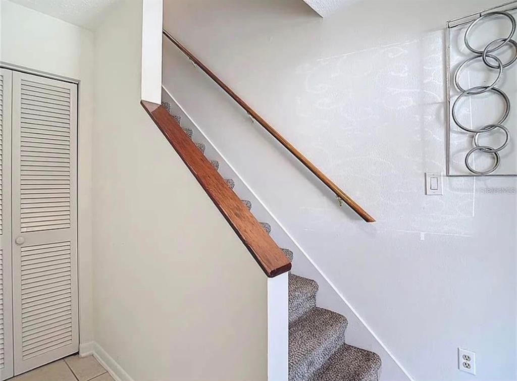 A carpeted staircase with a wooden handrail and a white half-wall in a home interior — 10131 LAKE OAK CIRCLE, TAMPA, FL