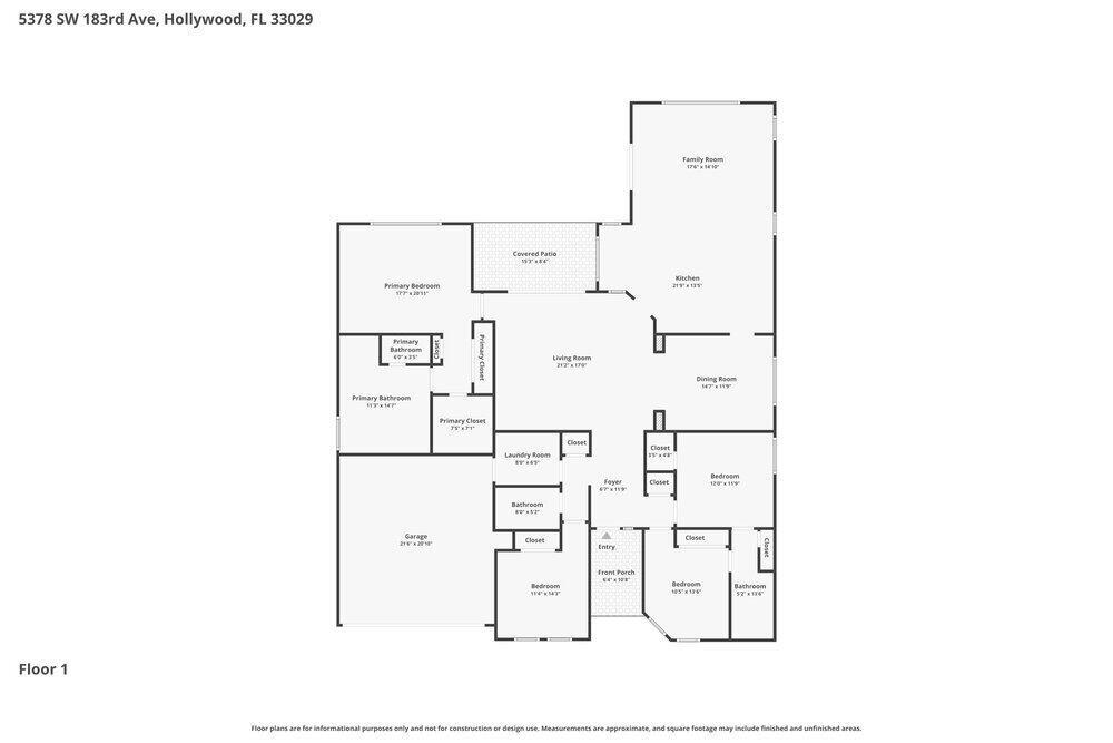 This is a floor plan for a single-story house with a garage and covered patio — MIRAMAR, FL