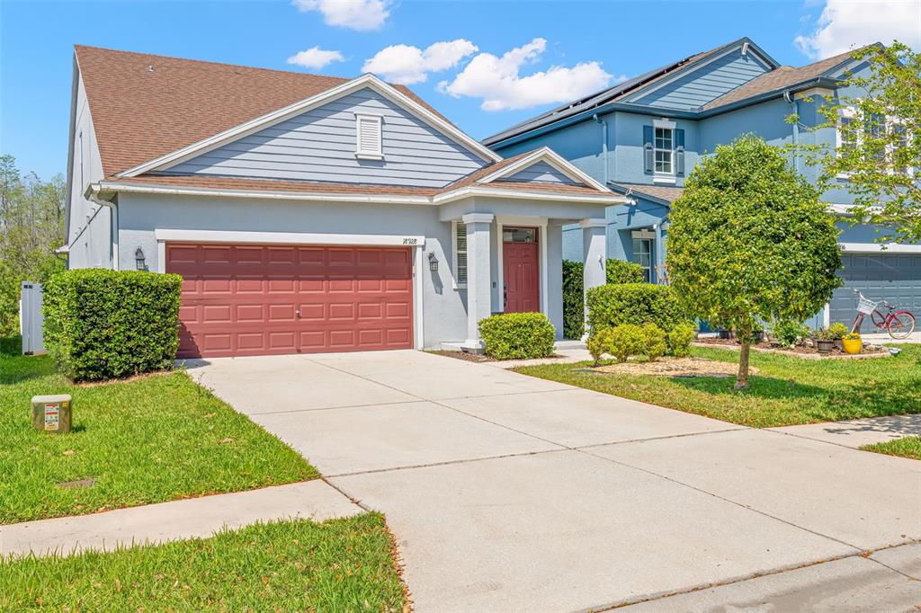A single-story house with a red garage door, a red front door, and a driveway — 18928 HAMPSTEAD HEATH COURT, LAND O LAKES, FL