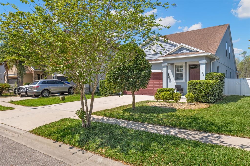 A two-story suburban house with a gray exterior, a brown roof, and a concrete driveway — 18928 HAMPSTEAD HEATH COURT, LAND O LAKES, FL