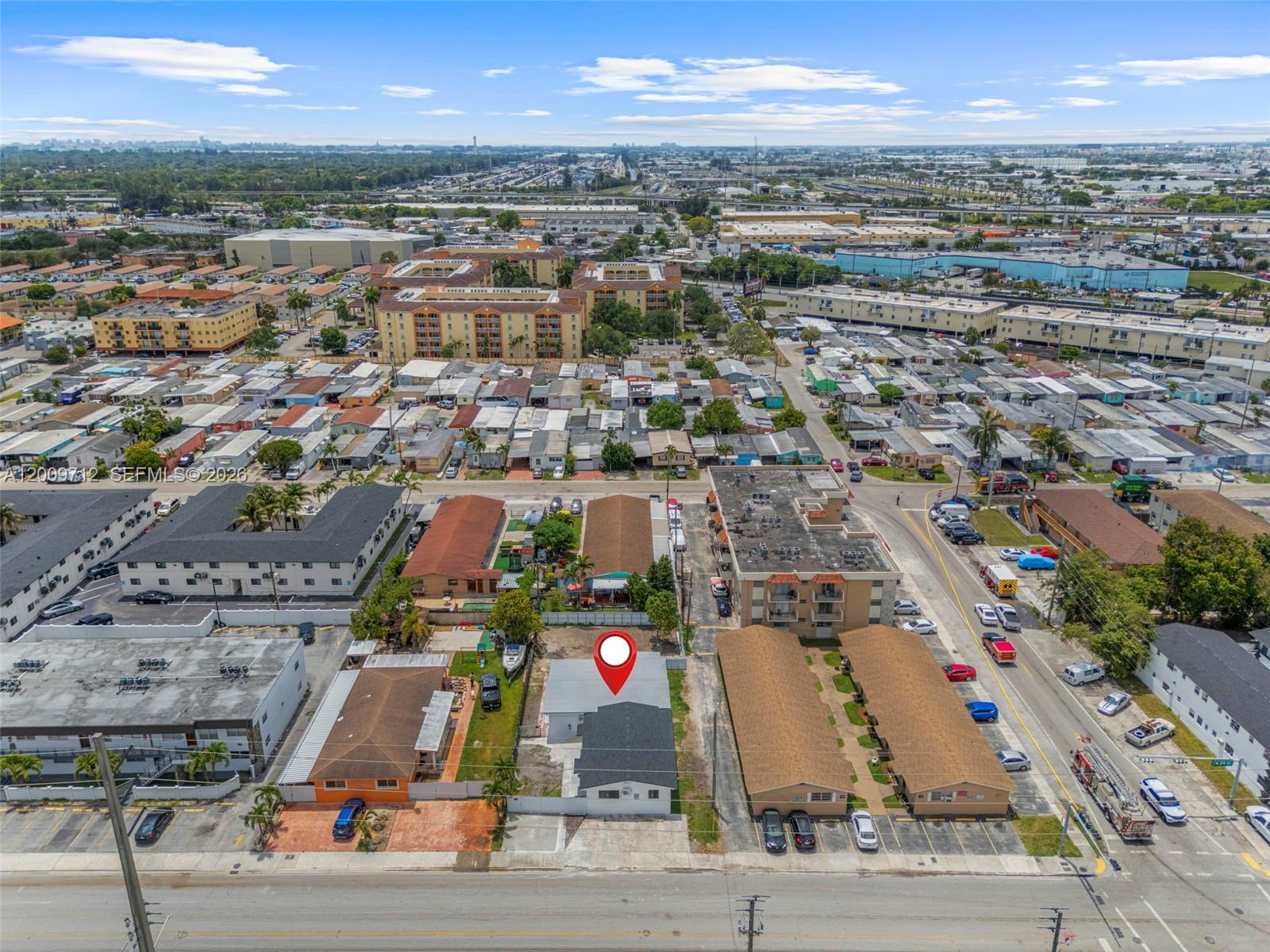 An aerial view shows a single-story house with a red location pin — 1368 W 29th St # 2, Hialeah FL 33012, HIALEAH, FL
