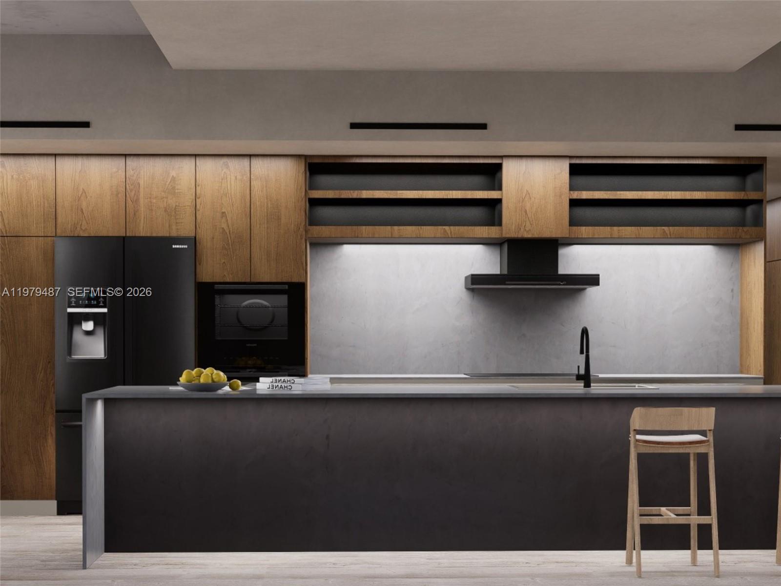 This rendering shows a modern kitchen with wood cabinetry, a black refrigerator, and a dark island — 3669 Frow Ave, Miami FL 33133, MIAMI, FL