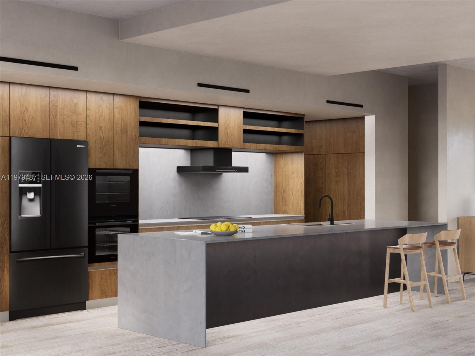 This is a rendering of a modern kitchen featuring wood cabinetry and a stone island — 3669 Frow Ave, Miami FL 33133, MIAMI, FL