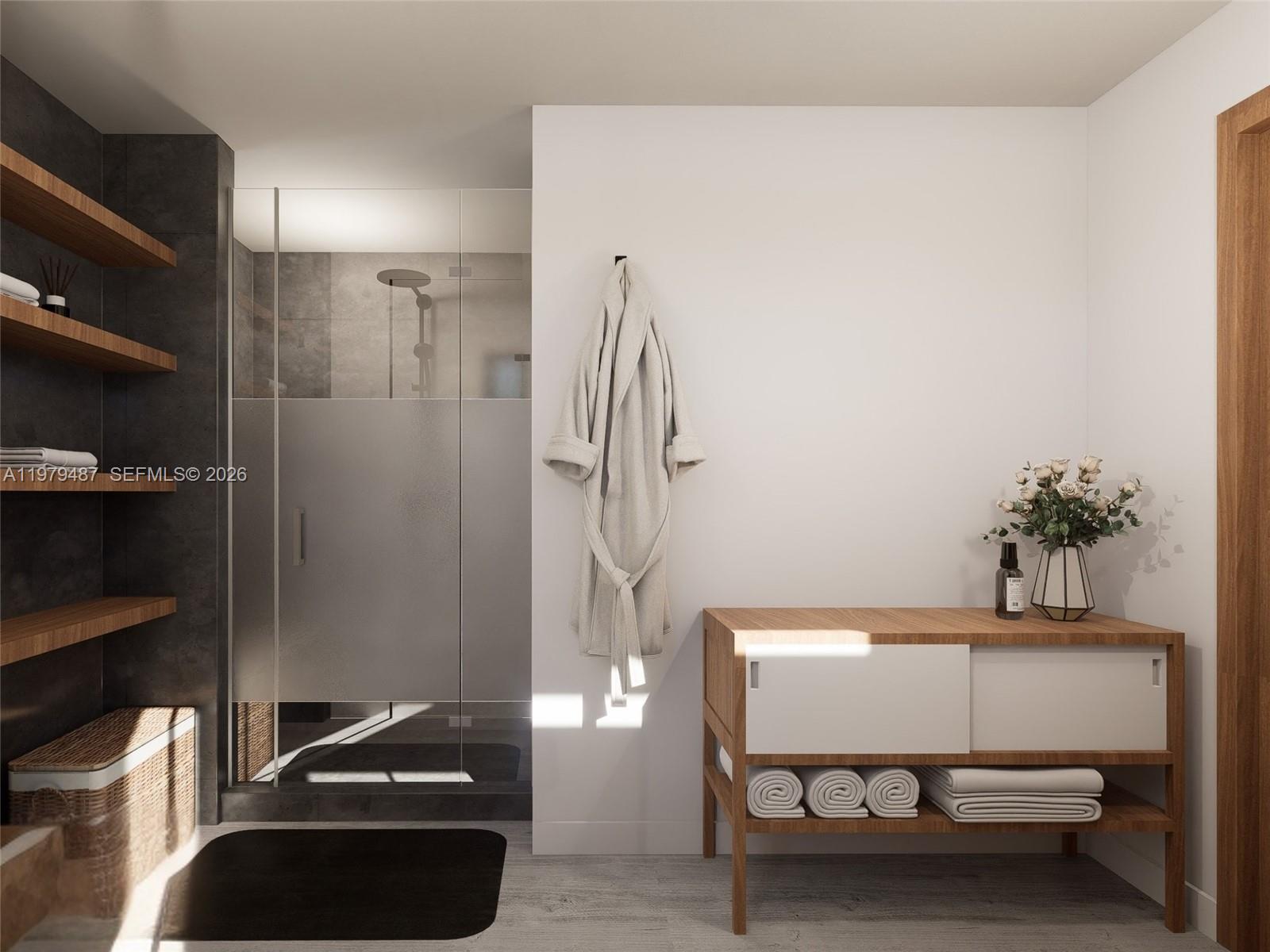 This rendering shows a modern bathroom with a glass shower, wooden shelving, and vanity — 3669 Frow Ave, Miami FL 33133, MIAMI, FL