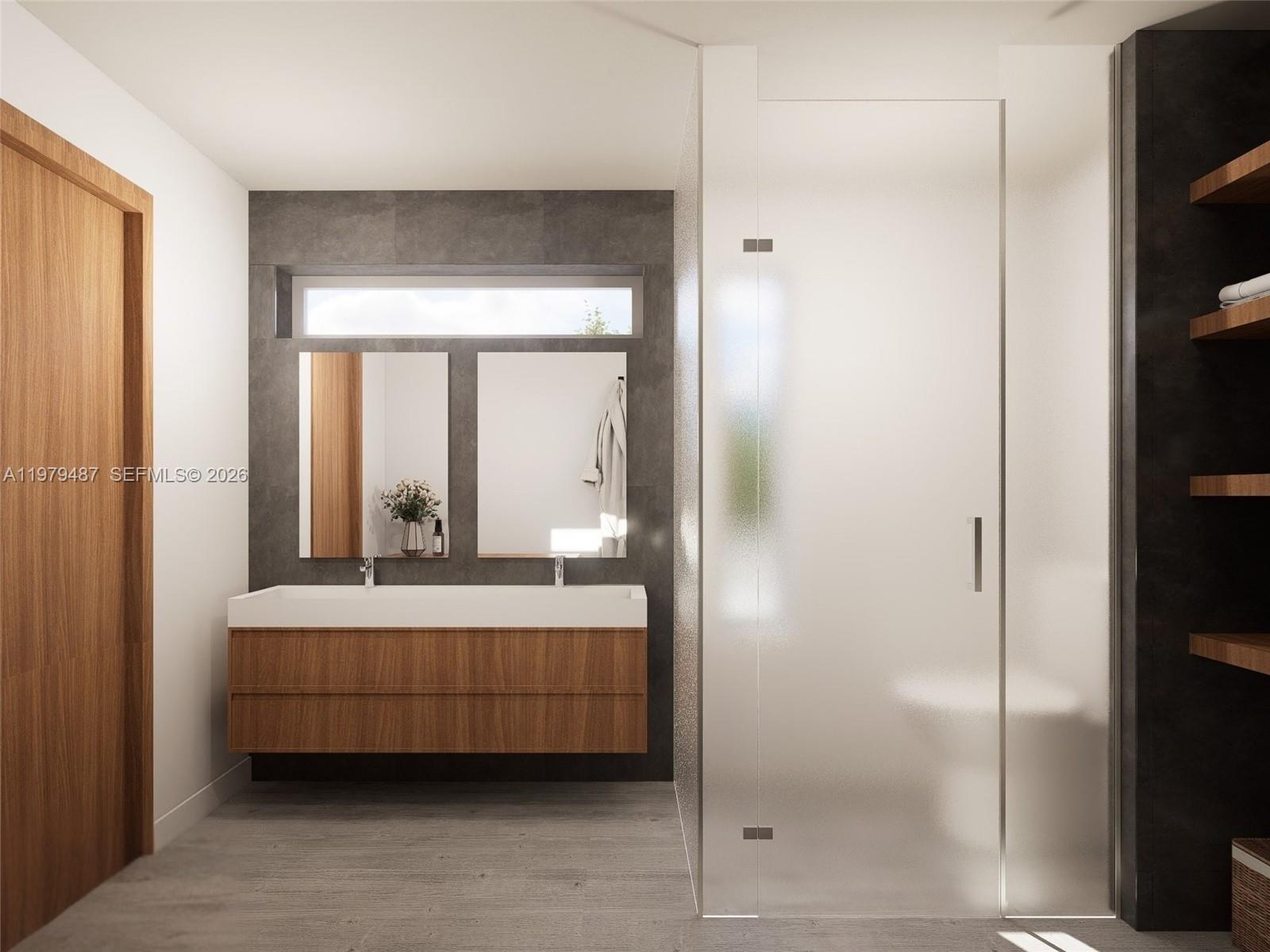 This rendering shows a modern bathroom with a floating wood vanity and a glass-enclosed shower — 3669 Frow Ave, Miami FL 33133, MIAMI, FL