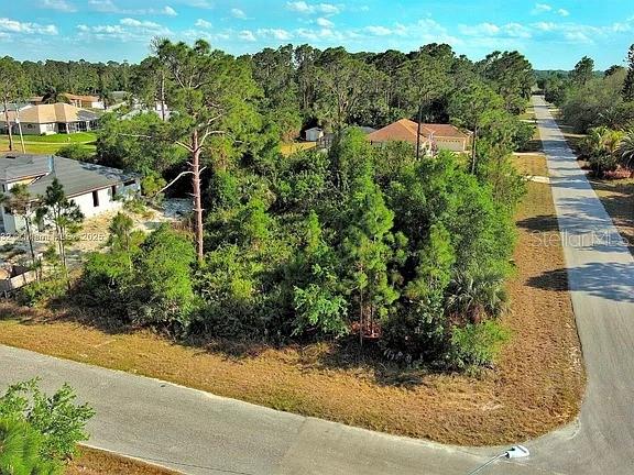 An aerial view shows a vacant, tree-covered lot situated between two paved roads — 2500 E 9TH STREET, LEHIGH ACRES, FL