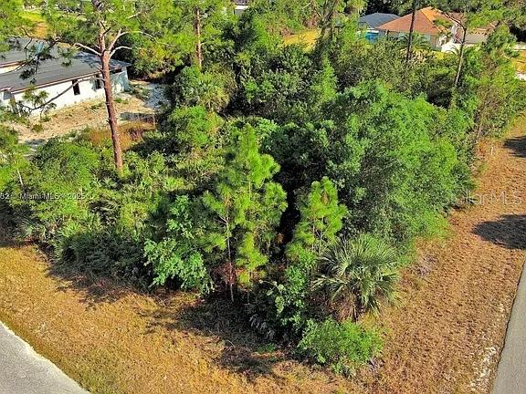 An aerial view shows a vacant, wooded residential lot situated between two houses — 2500 E 9TH STREET, LEHIGH ACRES, FL