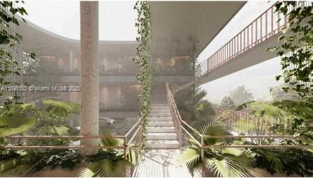 This architectural rendering shows an outdoor staircase connecting levels of a building with lush landscaping — 555 NE 127th St, North Miami FL 33161, NORTH MIAMI, FL
