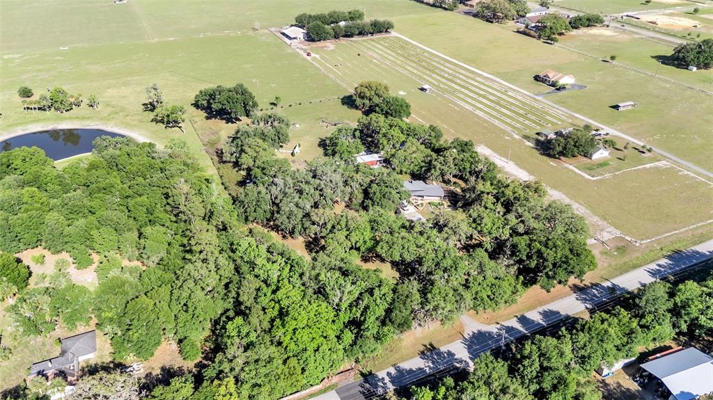 An aerial view shows a house nestled among trees next to a pond and fields — 15300 LAKE IOLA ROAD, DADE CITY, FL