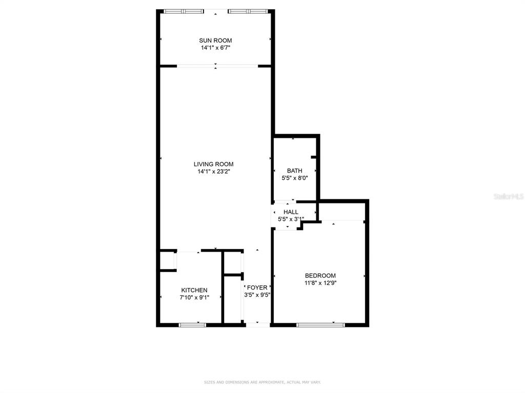 This is a floor plan showing a one-bedroom apartment with a living room and sunroom — 4580 OVERLOOK DRIVE NE UNIT 190, ST PETERSBURG, FL