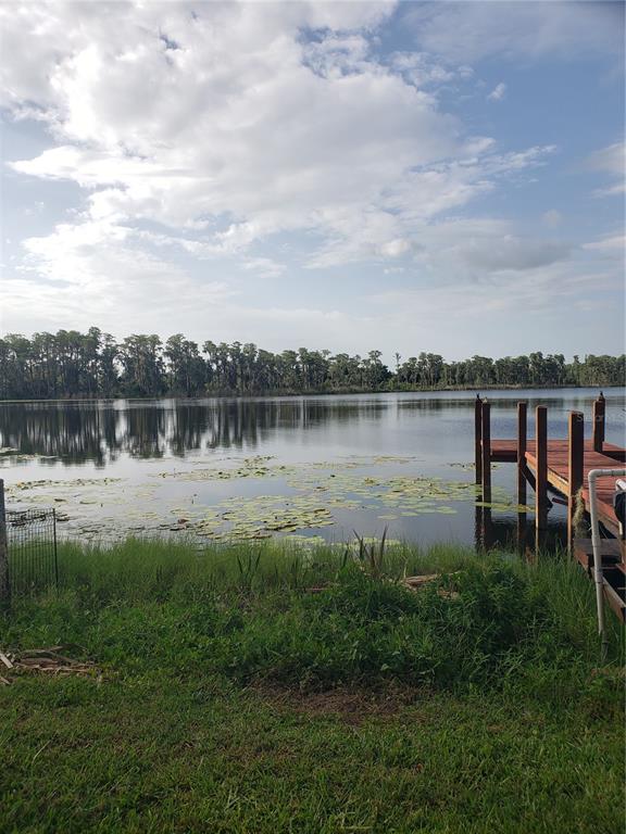 A wooden dock extends into a calm lake with lily pads under a cloudy sky — 17101 ARROWHEAD BOULEVARD, WINTER GARDEN, FL