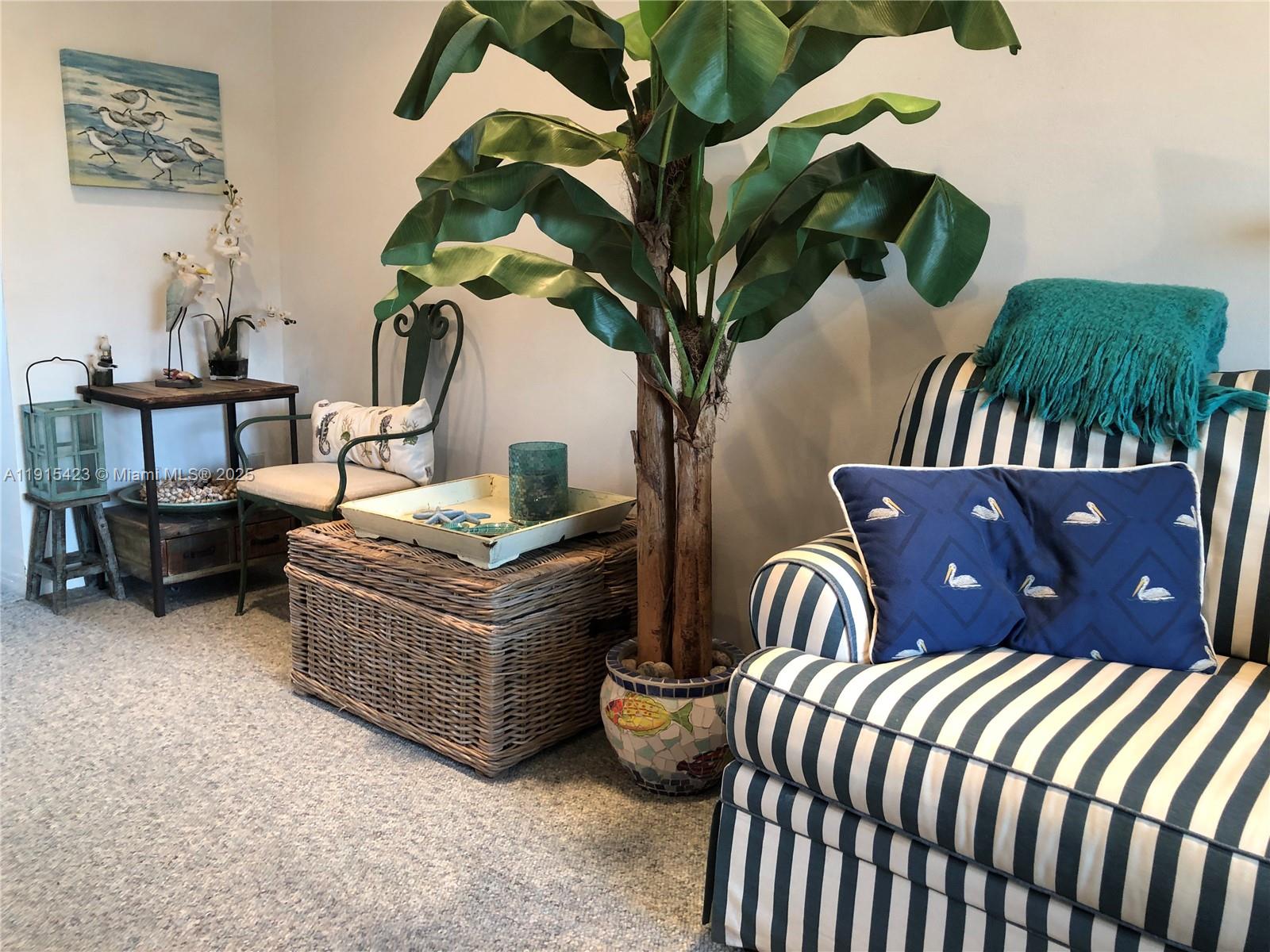 A living room features a striped sofa, a large potted plant, and coastal-themed decor — 1801 S Surf Rd # 4, Hollywood FL 33019, HOLLYWOOD, FL