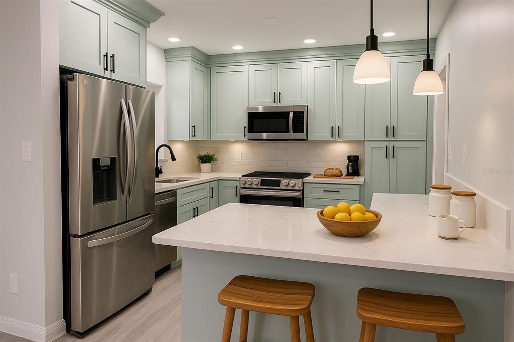A kitchen with light green cabinets, stainless steel appliances, and a white quartz island countertop — 2722 NANCY STREET, SARASOTA, FL
