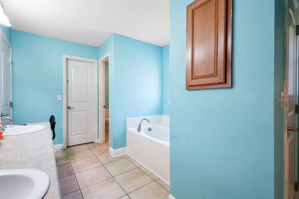 A bathroom features light blue walls, a double vanity, and a built-in soaking tub — 46 RIDDLE DRIVE, PALM COAST, FL