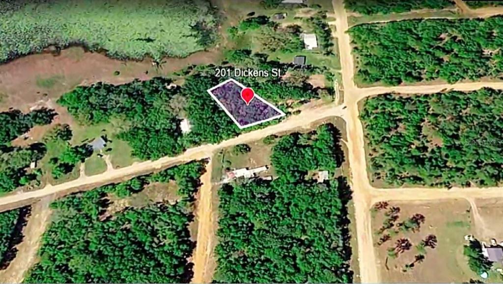 This is an aerial map view of a vacant, wooded residential lot — 201 DICKENS STREET, INTERLACHEN, FL