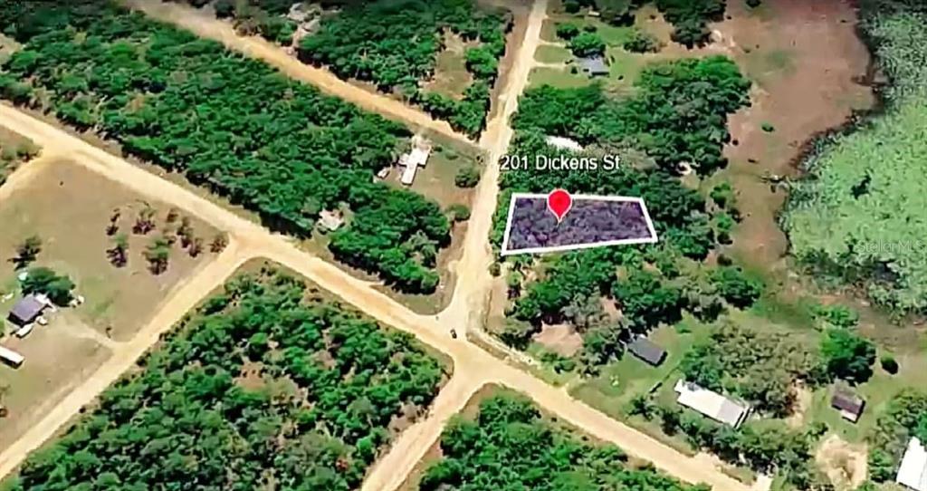This is an aerial map view of a wooded residential lot — 201 DICKENS STREET, INTERLACHEN, FL