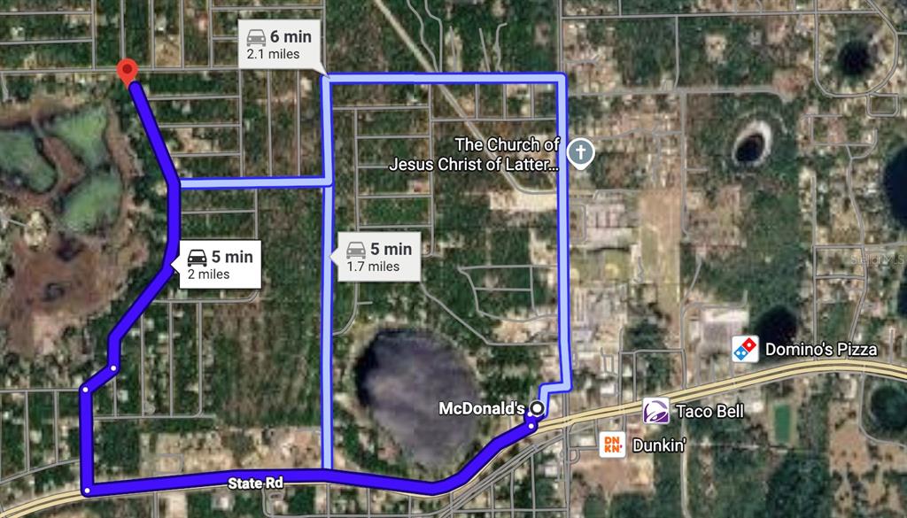 This map shows three driving routes from a residential area to a nearby commercial district — 201 DICKENS STREET, INTERLACHEN, FL