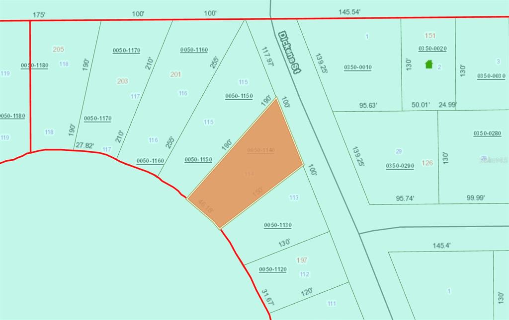 This is a property tax map showing parcel boundaries and dimensions — 201 DICKENS STREET, INTERLACHEN, FL