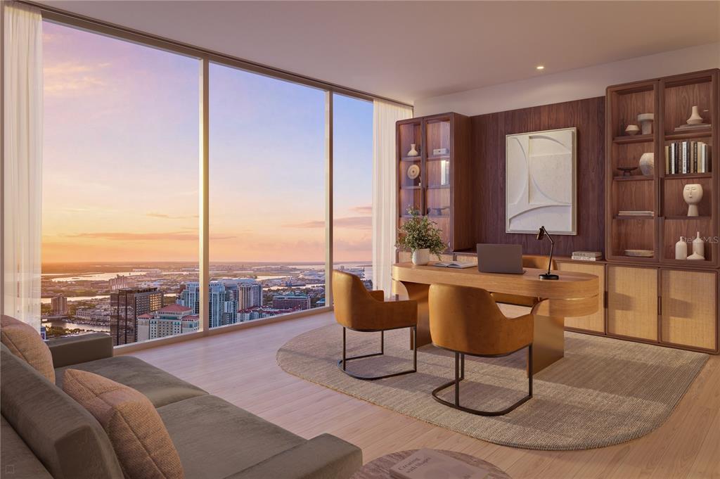 This rendering shows a modern home office with floor-to-ceiling windows overlooking a city skyline — 111 S ASHLEY DRIVE UNIT 3103, TAMPA, FL