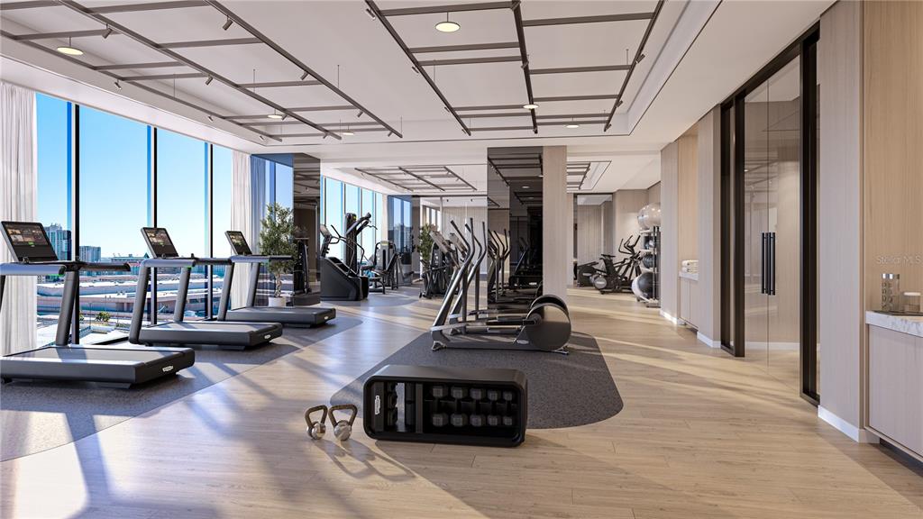 This rendering shows a modern fitness center with treadmills, exercise equipment, and floor-to-ceiling windows — 111 S ASHLEY DRIVE UNIT 3103, TAMPA, FL
