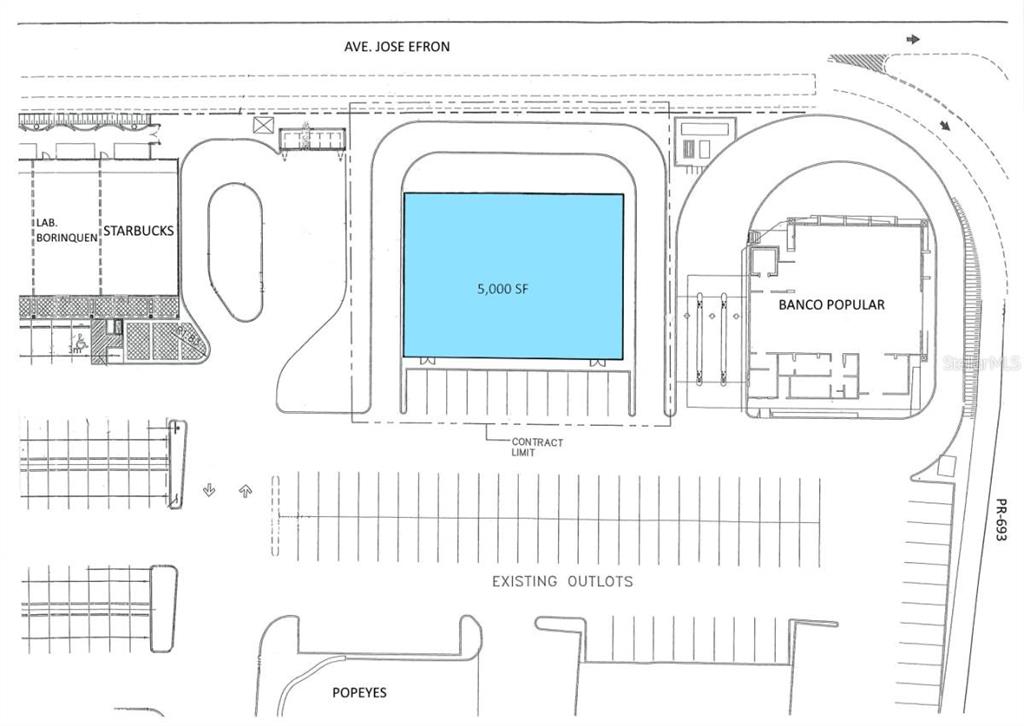 This is a site plan showing a commercial development with a 5,000 square foot building — PR 693 INT JOSE EFRON AVE, DORADO, PR