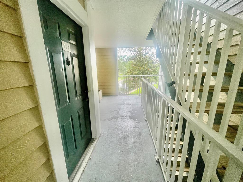An outdoor apartment walkway features a green front door numbered 111 and white metal railings — 4211 CHATHAM OAK COURT UNIT 111, TAMPA, FL