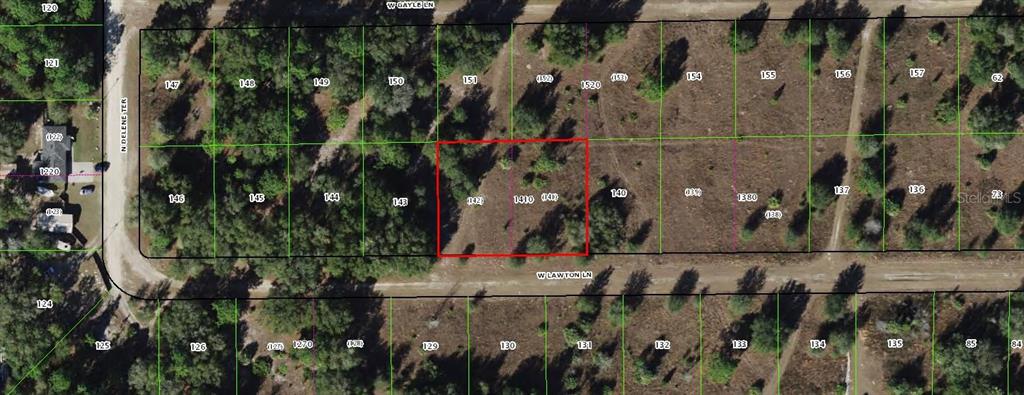 This is an aerial map showing a rectangular plot of land highlighted in red — 8375 W LAWTON LANE, CRYSTAL RIVER, FL