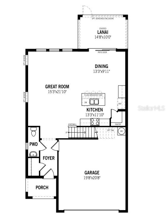 This is a floor plan of a home's main level featuring a garage and lanai — 5628 SKYLIGHT WAY, PALMETTO, FL