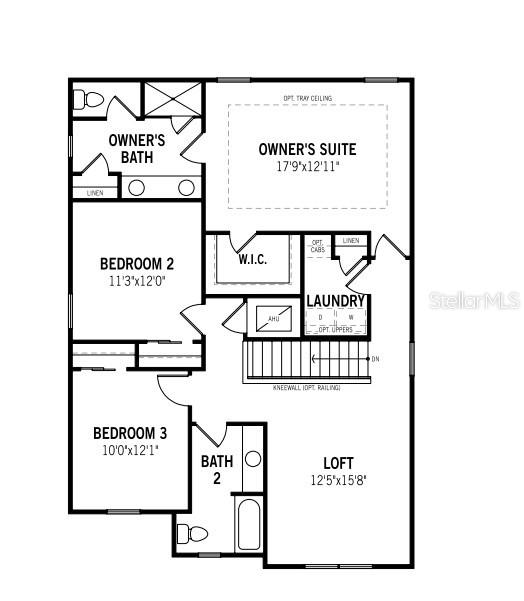 This is a floor plan of a residential second story featuring three bedrooms, a loft, and laundry — 5628 SKYLIGHT WAY, PALMETTO, FL