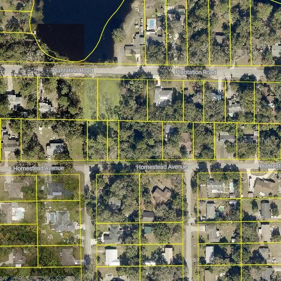 This is an aerial map showing residential lots along Plantation Road and Homestead Avenue — 122 HOMESTEAD AVENUE, DEBARY, FL
