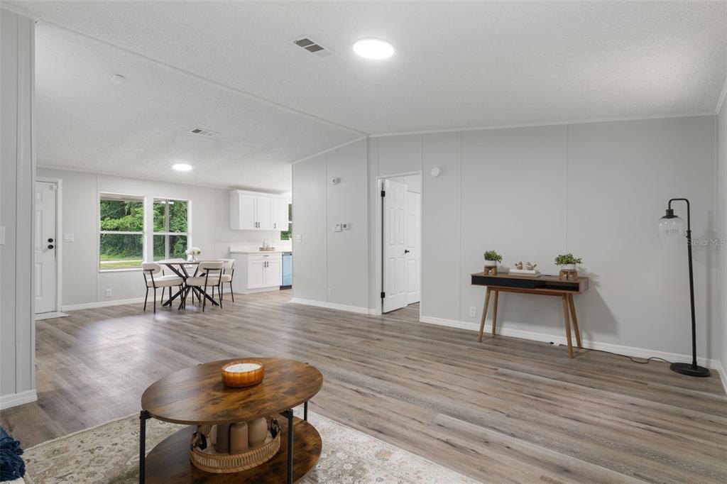An open-concept living and dining area features light gray walls, wood-look flooring, and white cabinetry — 20645 STEWART ROAD, DADE CITY, FL