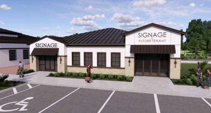 A digital rendering shows the exterior of a commercial building with two entrances and parking — 5092 OLD TAMPA HWY UNIT 01, KISSIMMEE, FL