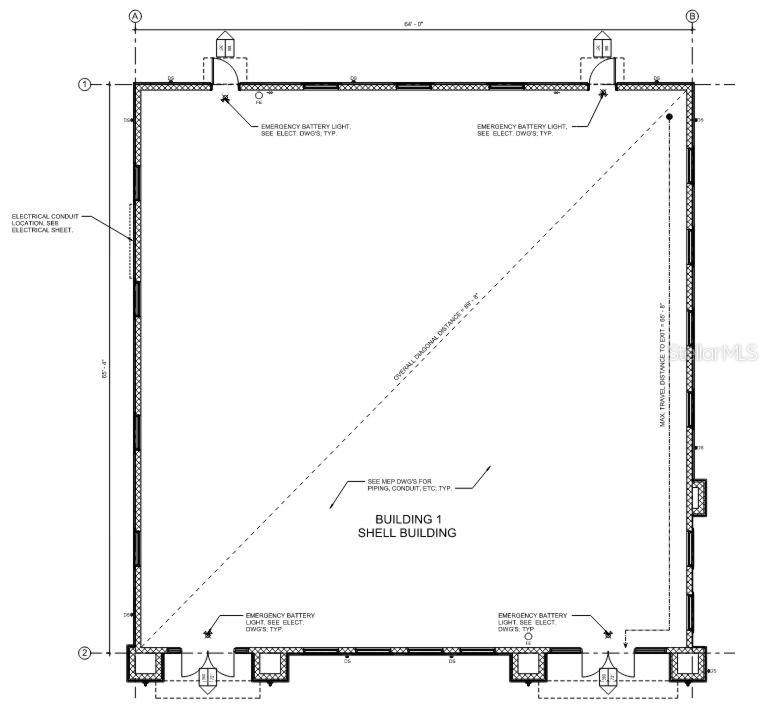 This is a floor plan for a shell building with dimensions and emergency lighting locations — 5092 OLD TAMPA HWY UNIT 01, KISSIMMEE, FL
