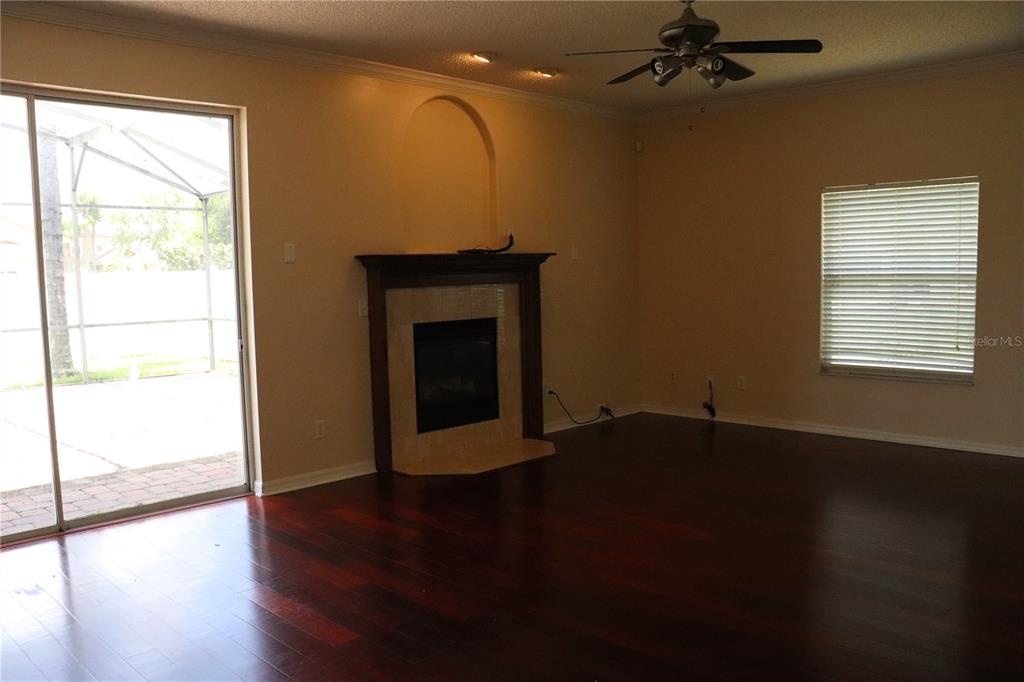 A living room features dark hardwood floors, a fireplace, and a sliding glass door — 14733 HARTFORD RUN DRIVE, ORLANDO, FL