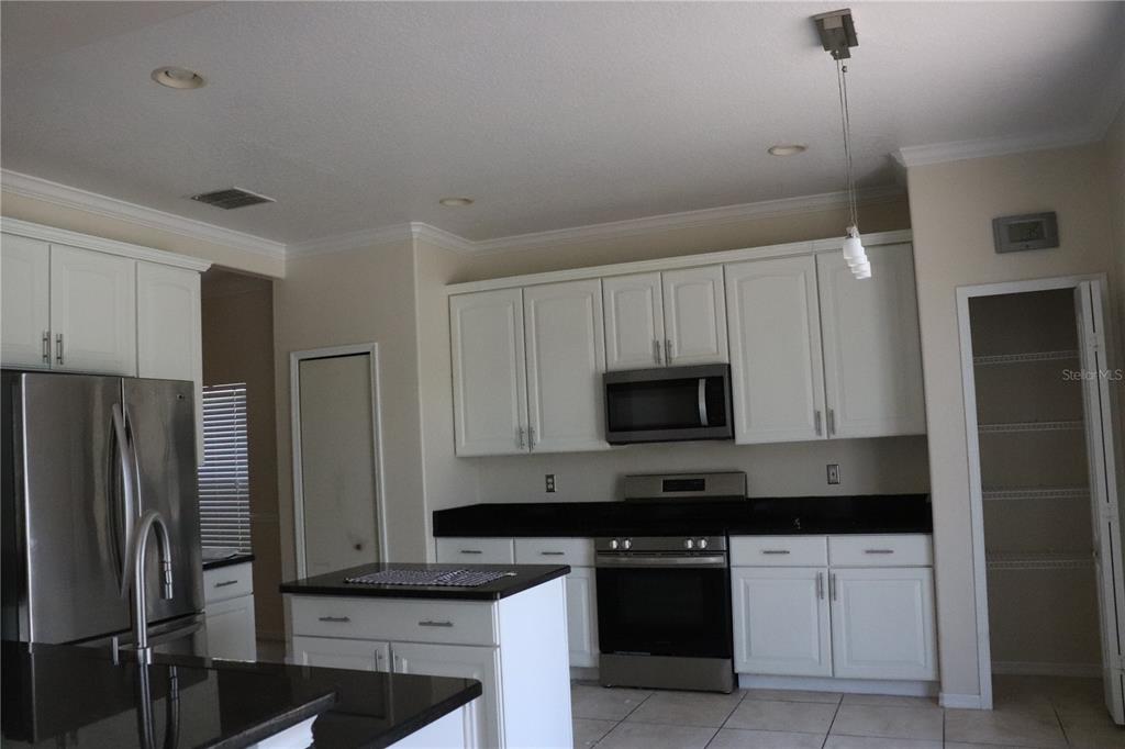 A kitchen features white cabinets, black countertops, stainless steel appliances, and a central island — 14733 HARTFORD RUN DRIVE, ORLANDO, FL