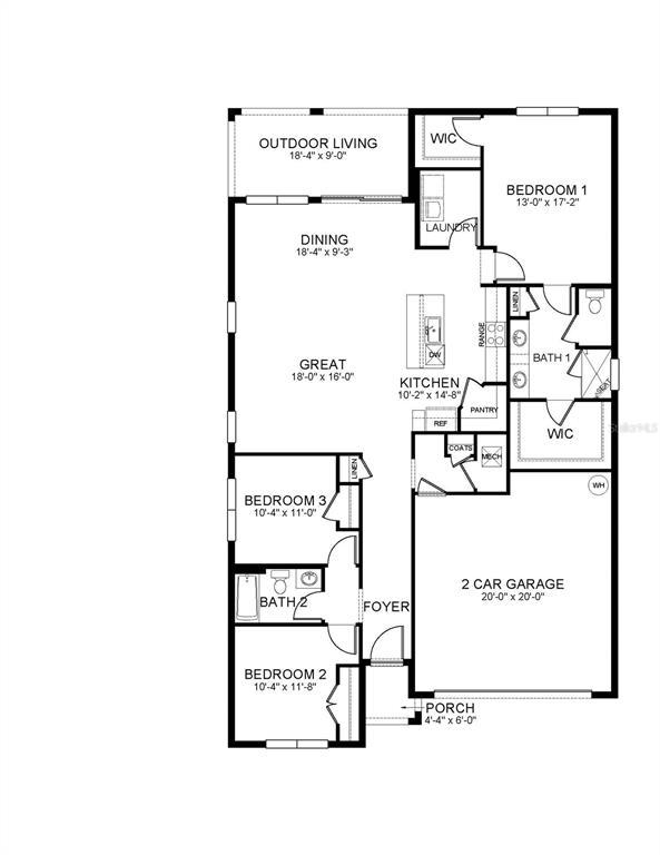 This is a floor plan for a three-bedroom house with a two-car garage — 8104 PENROSE PLACE, WILDWOOD, FL