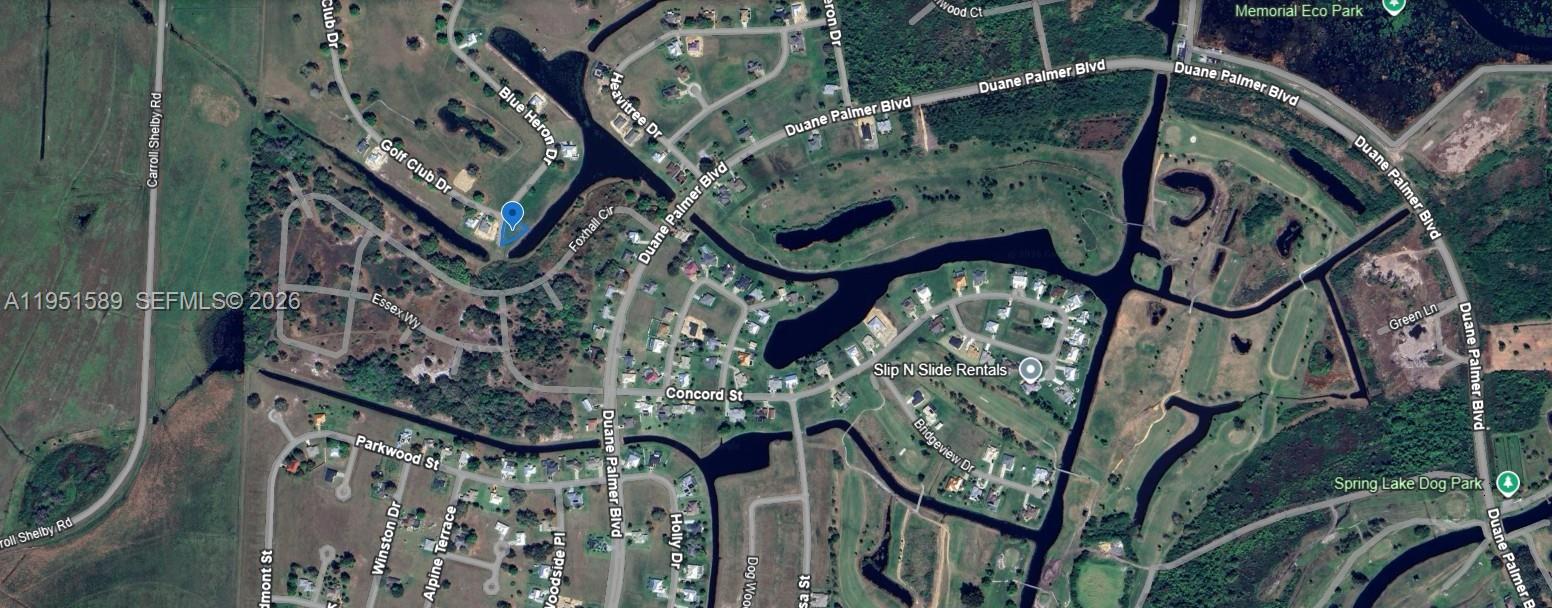 This is an aerial map view of a residential neighborhood with winding roads and waterways — 1544 Blue Heron Drive, Sebring FL 33876, SEBRING, FL
