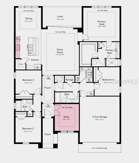 This floor plan illustrates a single-story home layout featuring four bedrooms, a study, and garage — 998 TASSLEFLOWER TRAIL, ST CLOUD, FL