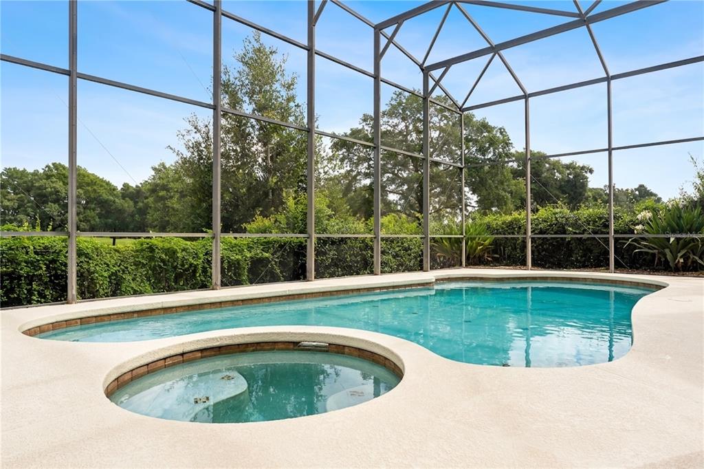 A screened-in swimming pool and attached hot tub sit on a concrete patio outdoors — 1240 GLENCREST DRIVE, LAKE MARY, FL
