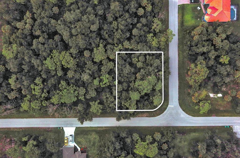 An aerial view shows a vacant, wooded corner lot outlined in white between two roads — 145 LOFTIN STREET, PORT CHARLOTTE, FL