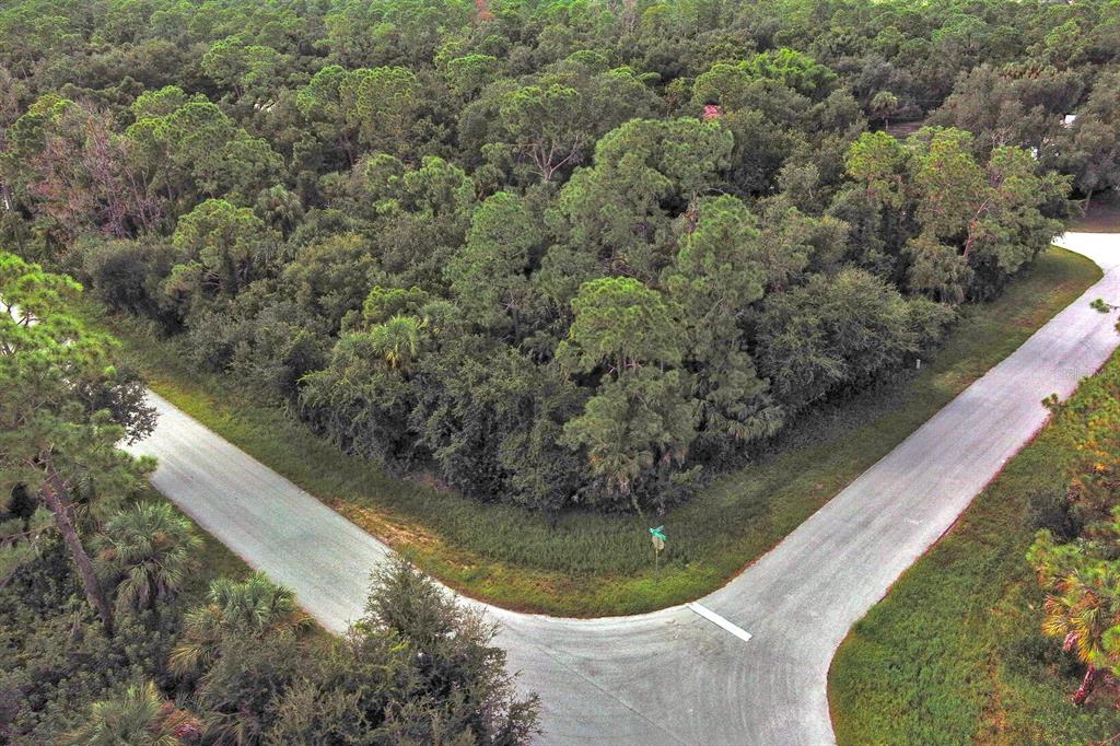 An aerial view of a wooded corner lot at the intersection of two paved roads — 145 LOFTIN STREET, PORT CHARLOTTE, FL