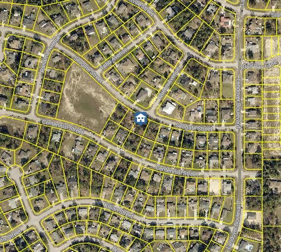 This is an aerial map view of a residential neighborhood with property lines outlined — LOT 23 SEAGATE STREET, SPRING HILL, FL
