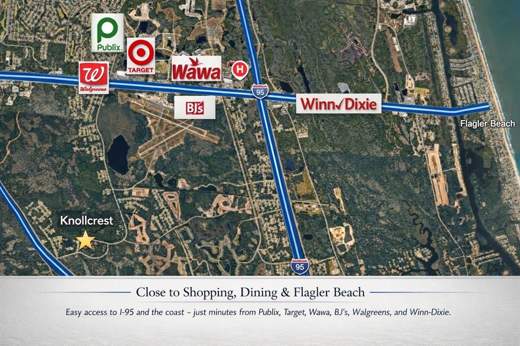 An aerial view shows a suburban neighborhood surrounded by dense forest and a small pond — KATHLEEN TRAIL, PALM COAST, FL