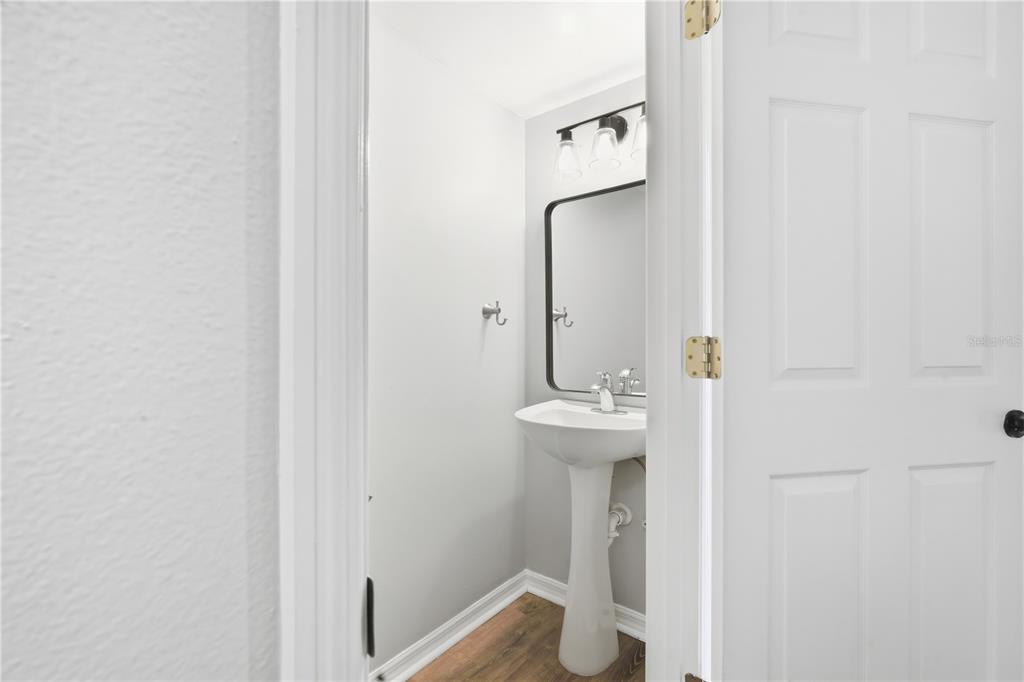 A small powder room features a pedestal sink, a black-framed mirror, and wood-look flooring — 11535 IVY FLOWER LOOP, RIVERVIEW, FL